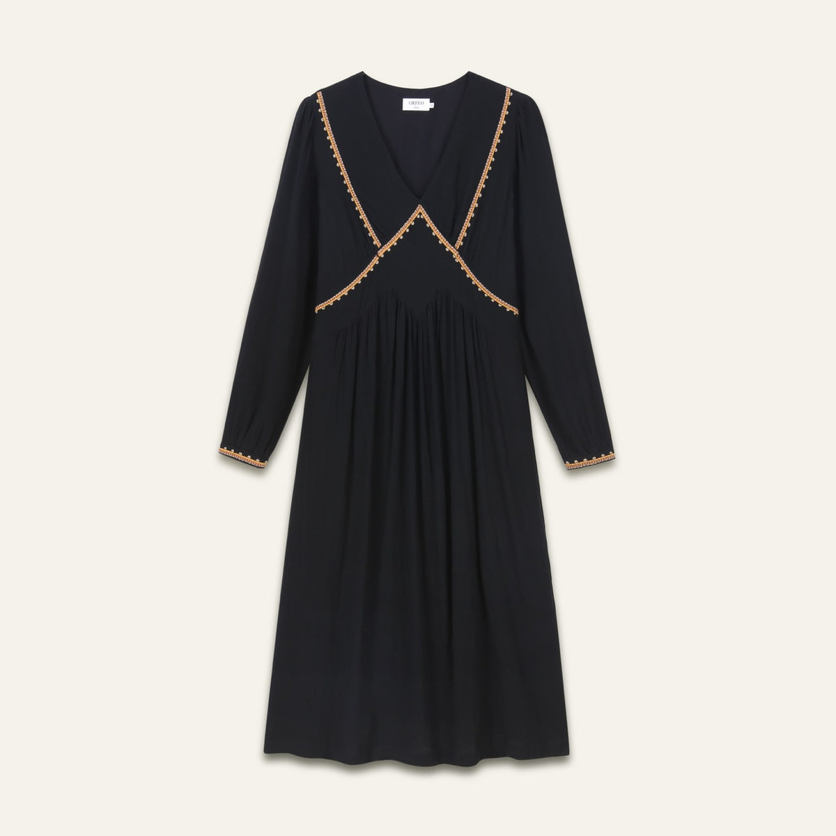 Robe brodée midi col V Gina - Noir
