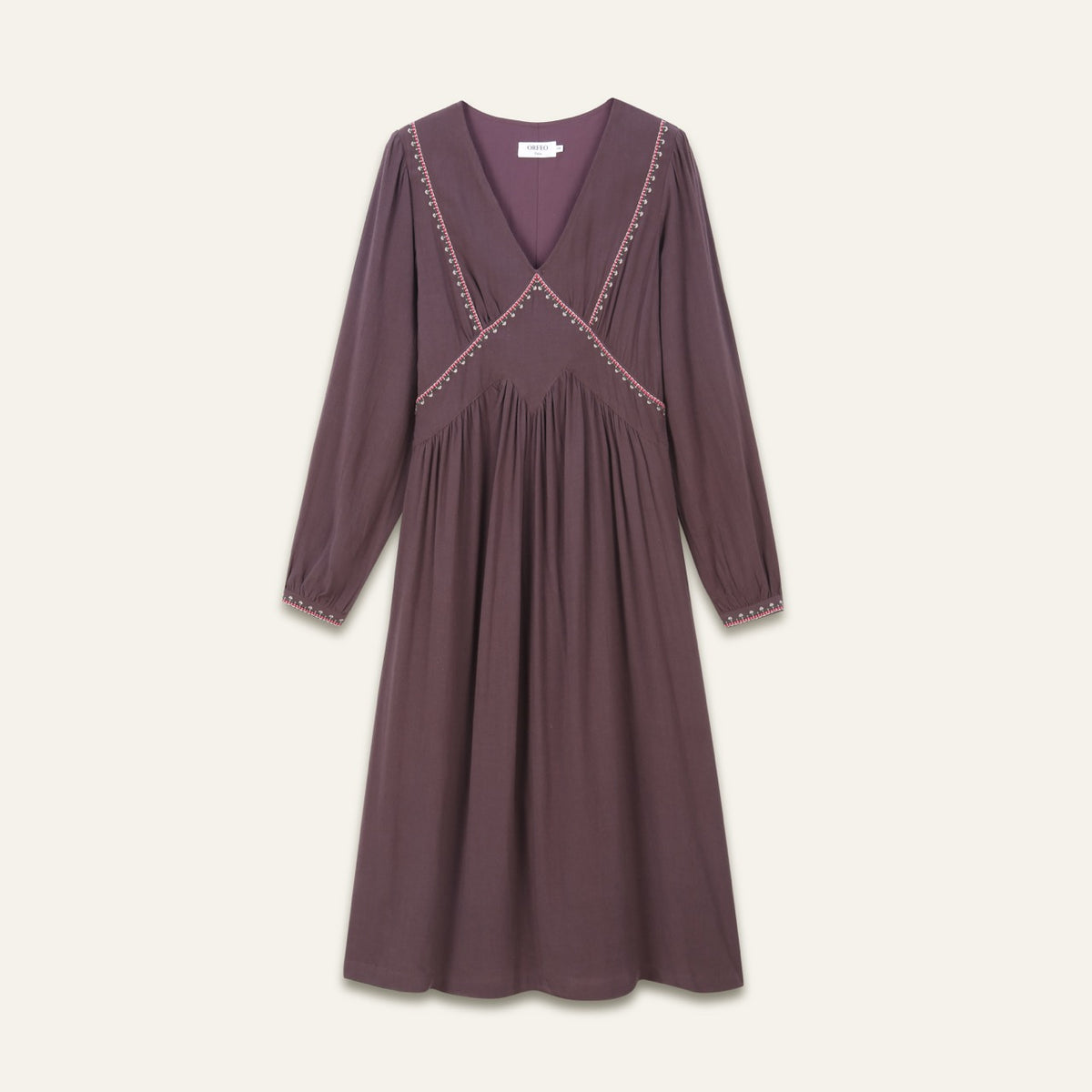 Robe brodée midi col V Gina - Choco