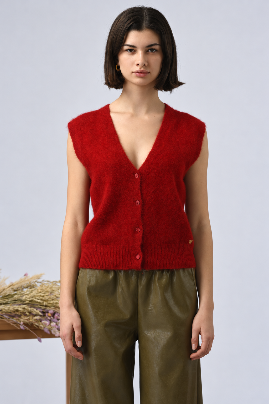Gilet sans manches racoon & laine Anselme - Rouge