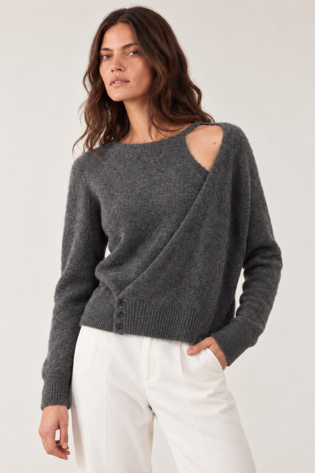 Pull asymétrique en racoon & laine Mathurin - Gris Chiné