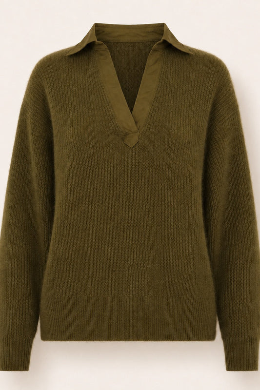 Pull en angora col chemise en V Jordana - Kaki