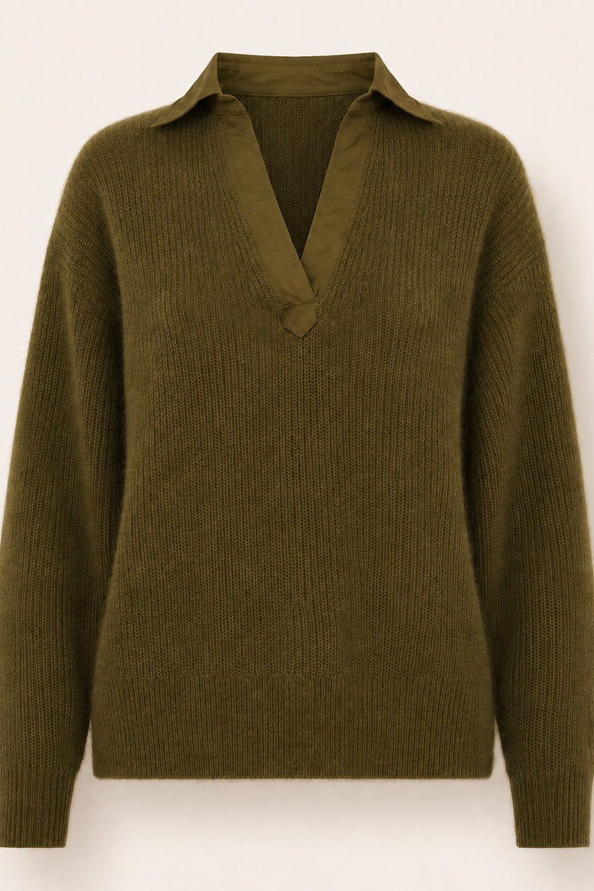 Pull en angora col chemise en V Jordana - Kaki
