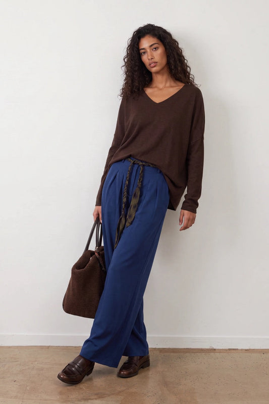 Pull mérinos col V Leila - Chocolat