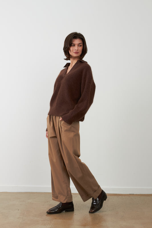 Pull en angora col chemise en V Jordana - Chocolat