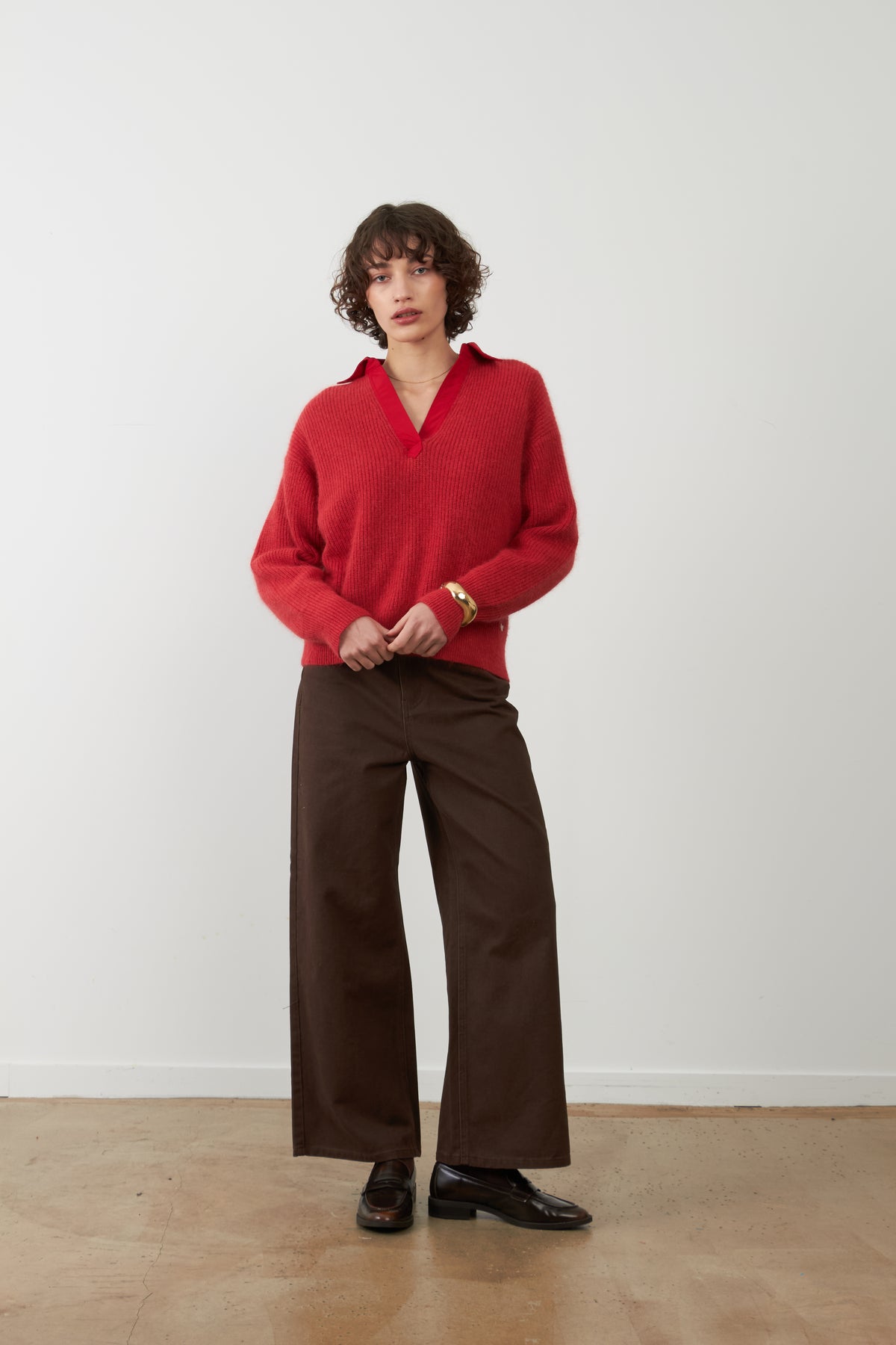Pull en angora col chemise en V Jordana - Rouge rubis