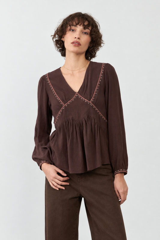 Blouse brodée péplum Almina - Choco