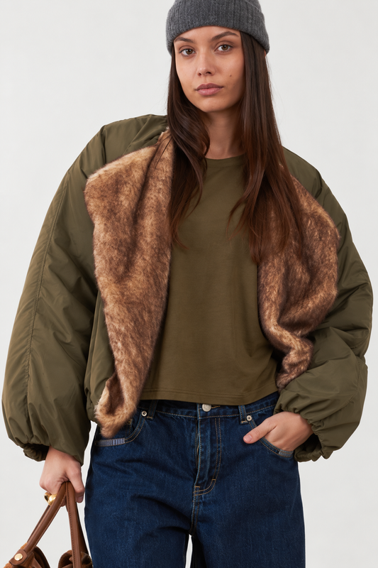 Blouson bomber col en fausse fourrure Janice - Kaki
