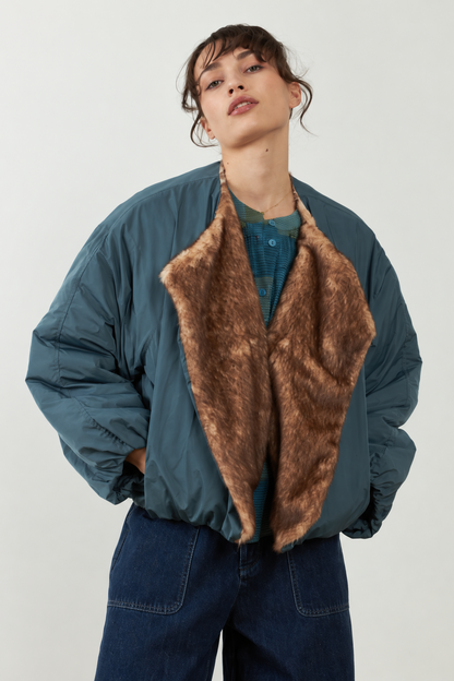 Blouson bomber bleu col fausse fourrure Janice - Pétrole