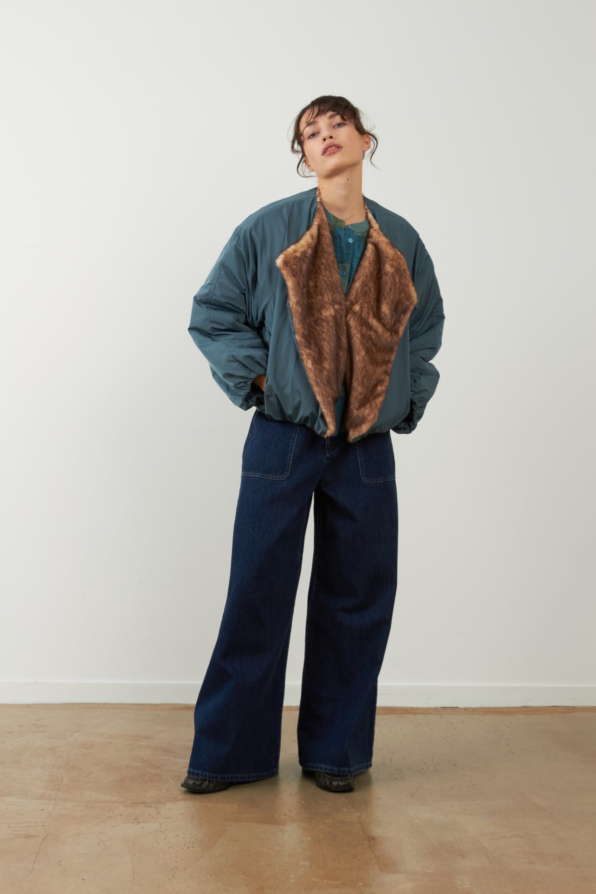 Bomber bleu col fourrure Janice - Pétrole