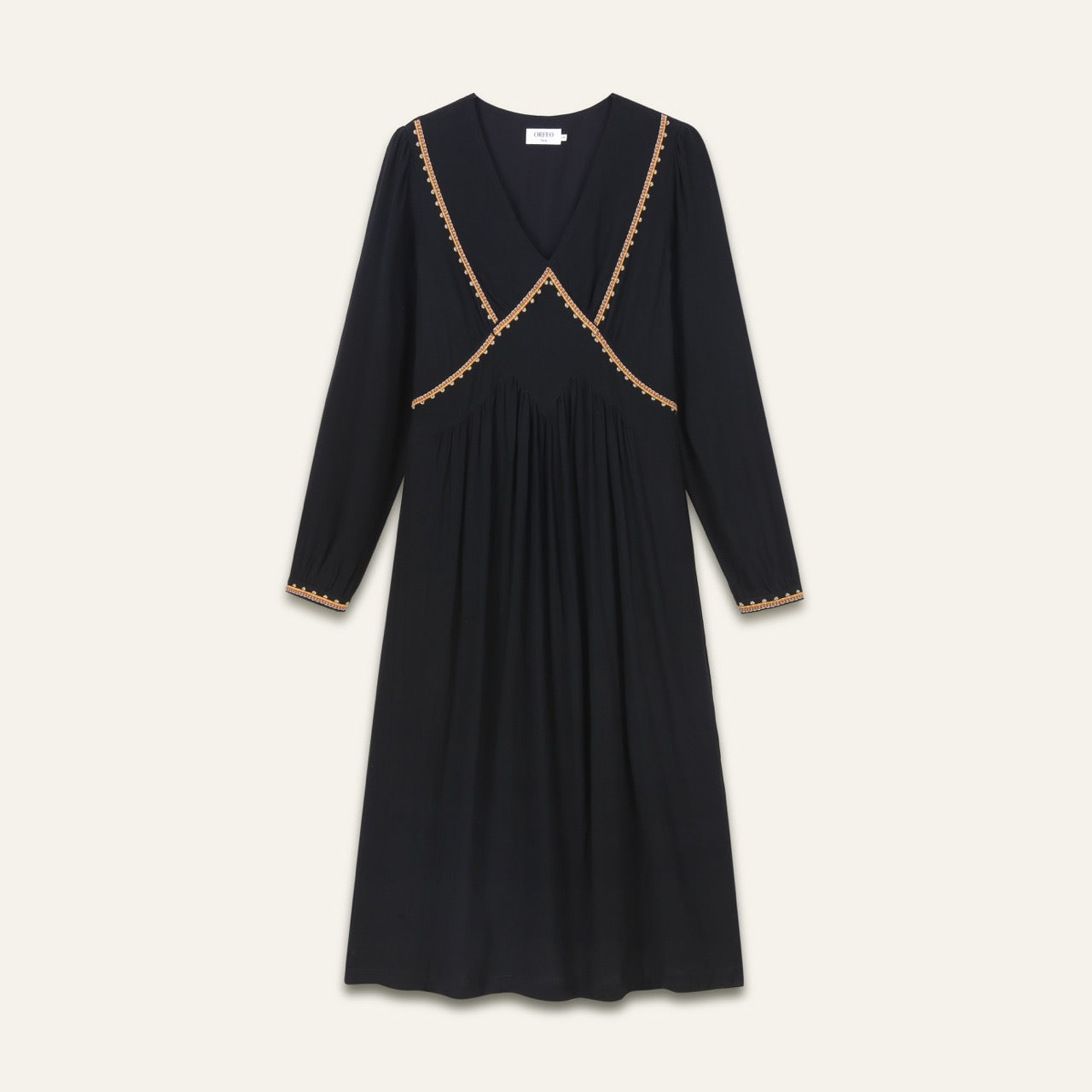 Robe brodée midi col V Gina - Noir