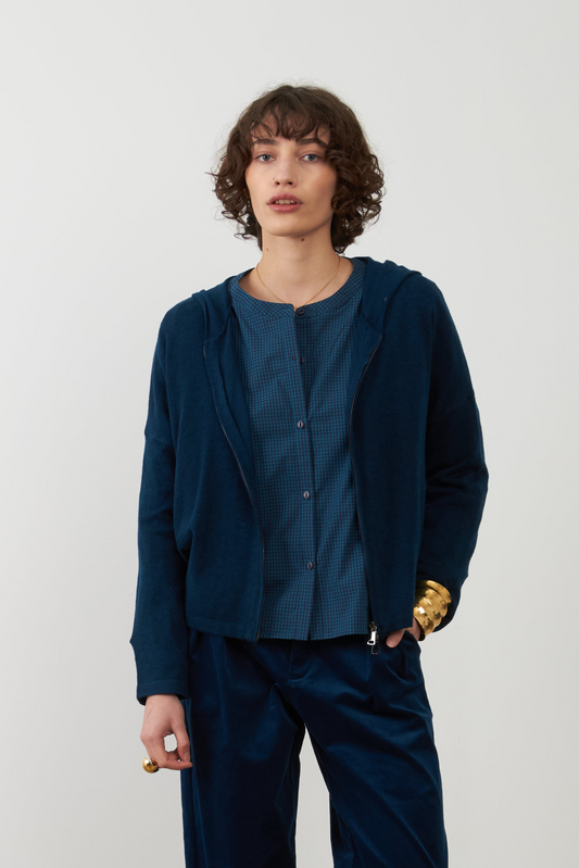 Gilet mérinos avec capuche Margaux - Bleu Pétrole