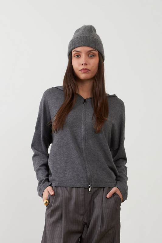 Gilet mérinos avec capuche Margaux - Gris Chiné