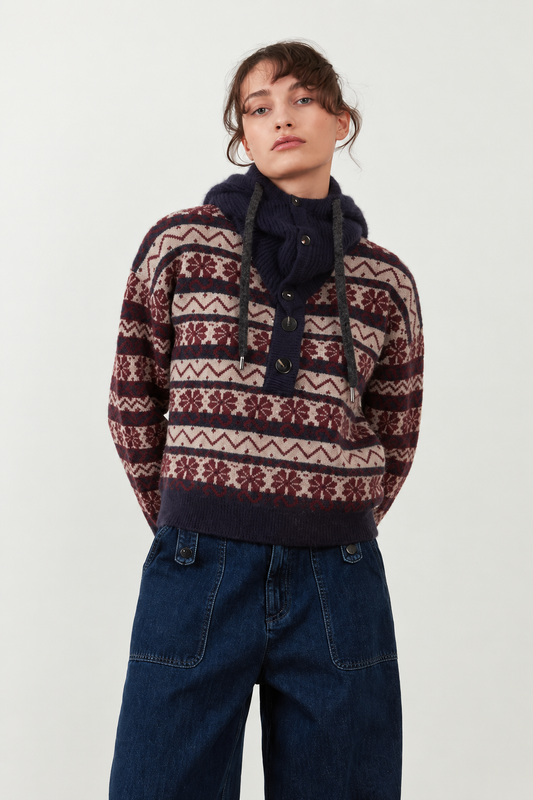 Pull de Noël en mohair et laine avec capuche Adélie - Navy