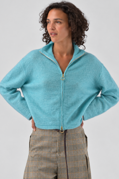 Gilet zippé en mohair et laine Zuleika - Bleu aqua