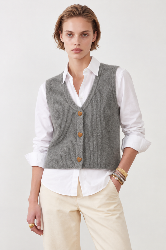 Gilet sans manches boutons cœurs Oriane - Gris chiné