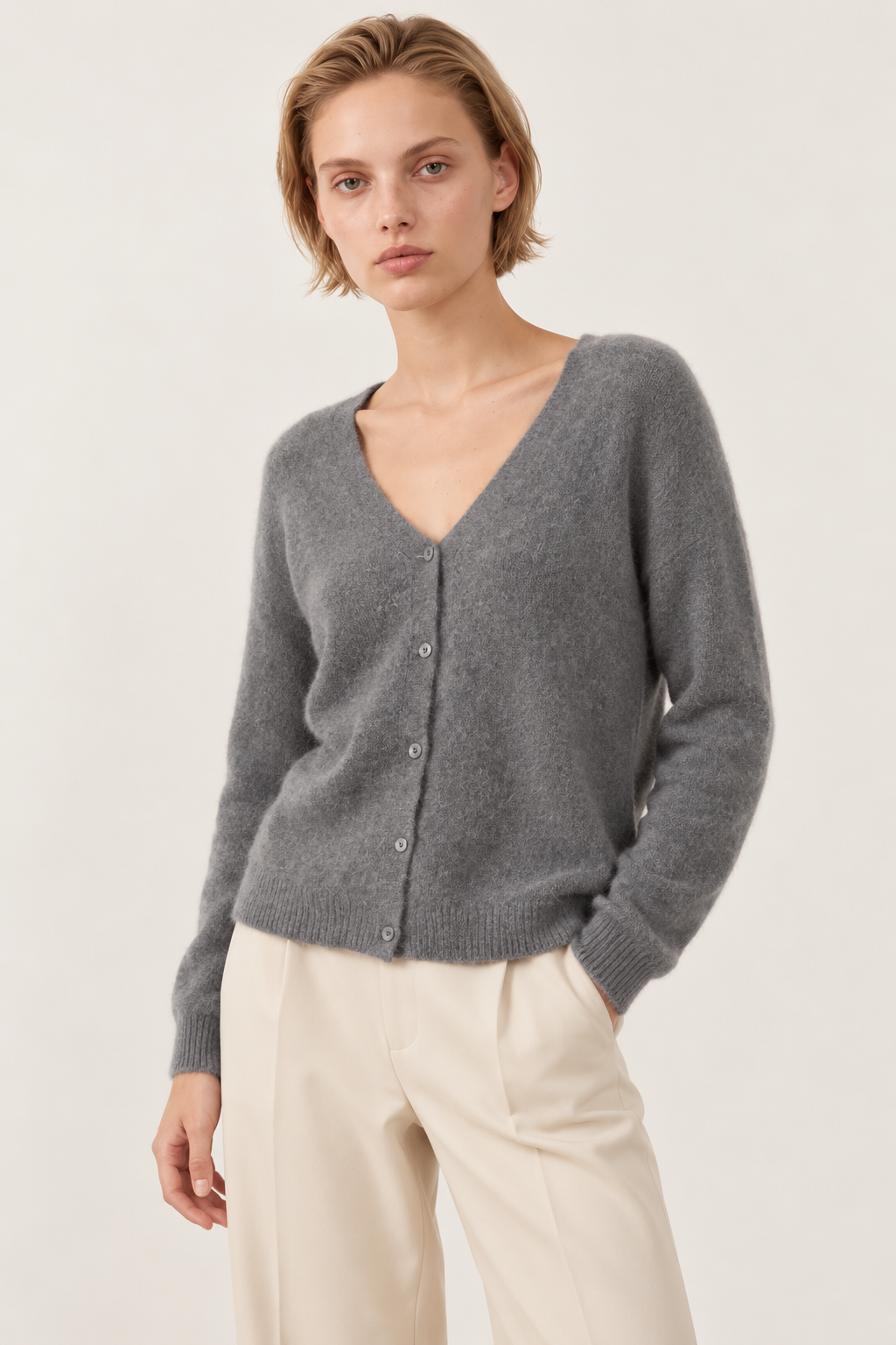 Gilet col V racoon & laine Betty - Gris chiné