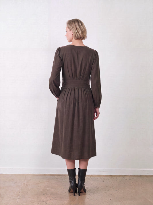 Robe brodée midi col V Gina - Choco — vue 2