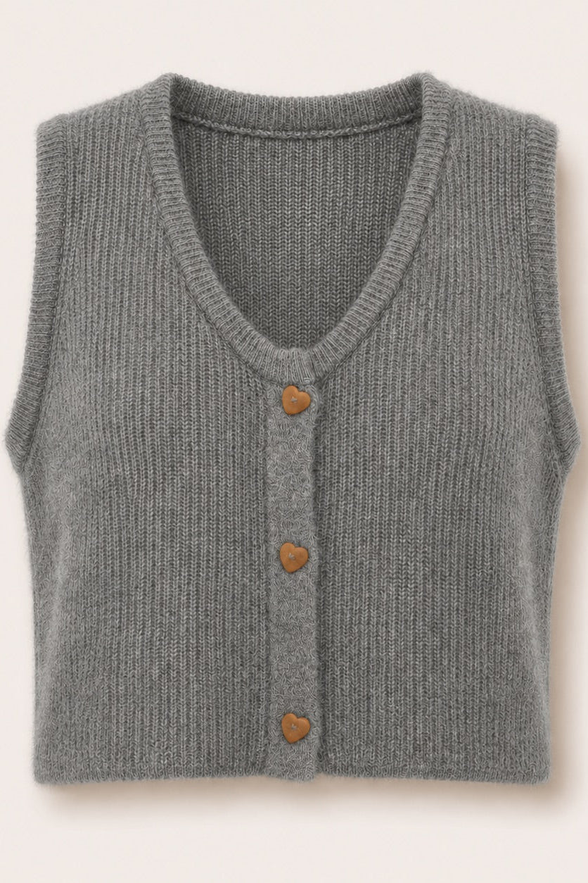 Gilet sans manches boutons cœurs Oriane - Gris chiné