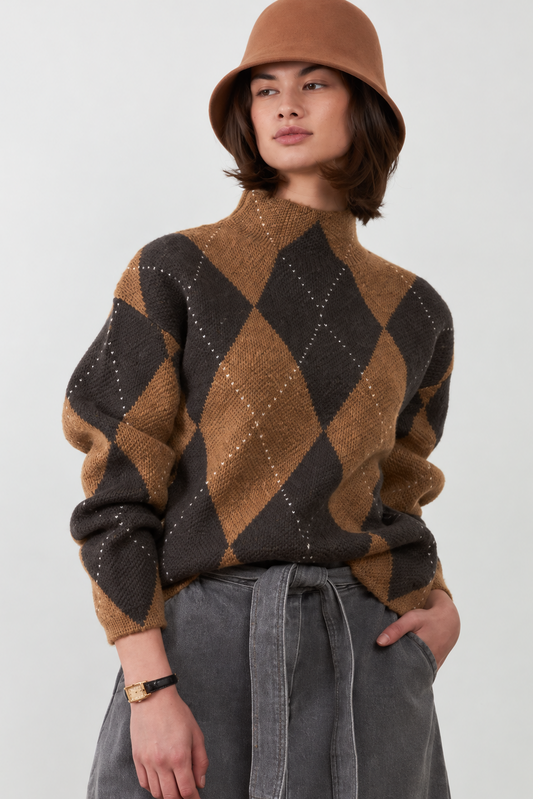 Pull argyle col montant Zéphirine - Losange Chocolat