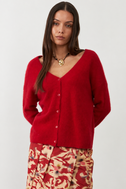 Gilet col V racoon & laine Betty - Rouge Rubis