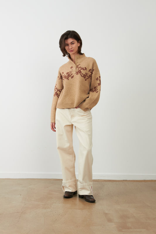Pull à motifs floraux col camionneur Égée - Beige et Bronze