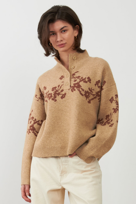 Pull à motifs floraux col camionneur Égée - Beige et Bronze