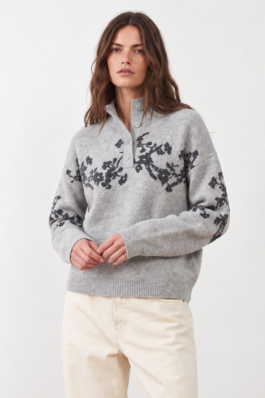 Pull à motifs floraux col camionneur Égée - Gris et Carbone