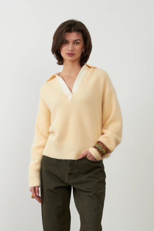 Pull en angora col chemise en V Jordana - Écru