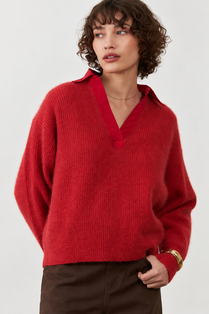 Pull en angora col chemise en V Jordana - Rouge rubis