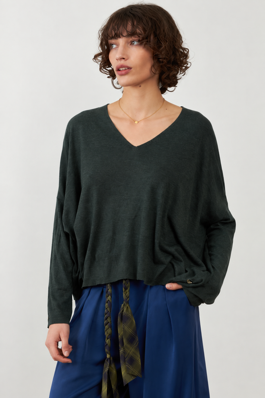 Pull mérinos col V Leila - Vert Brume