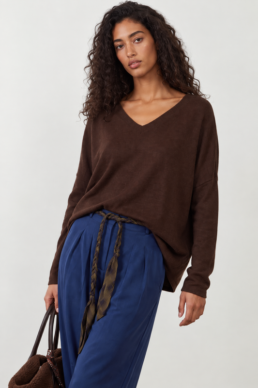 Pull mérinos col V Leila - Chocolat