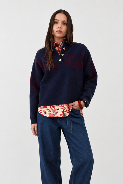 Pull à motifs floraux col camionneur Égée - Navy et Burgundy