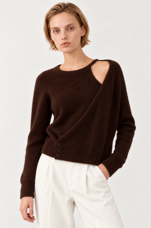 Pull asymétrique en racoon & laine Mathurin - Chocolat