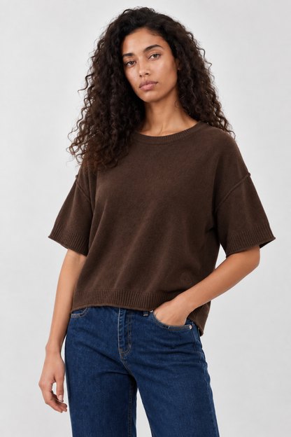 Pull col rond manches courtes Beata - Chocolat