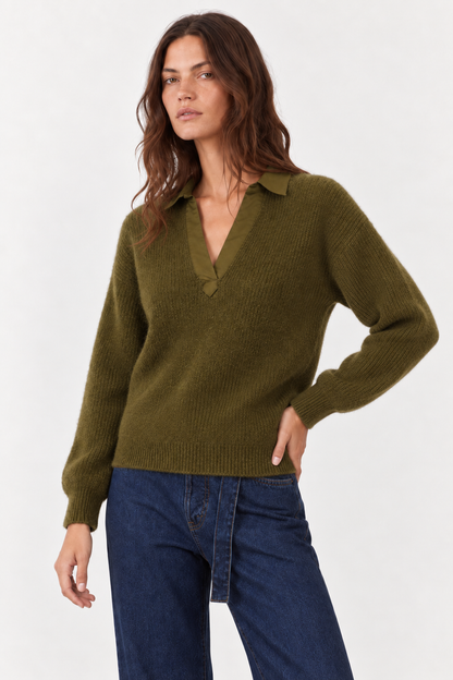 Pull en angora col chemise en V Jordana - Kaki