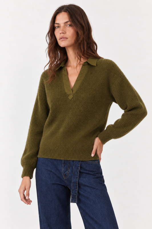 Pull en angora col chemise en V Jordana - Kaki