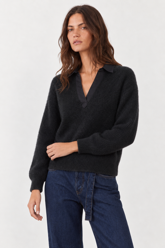 Pull en angora col chemise en V Jordana - Noir