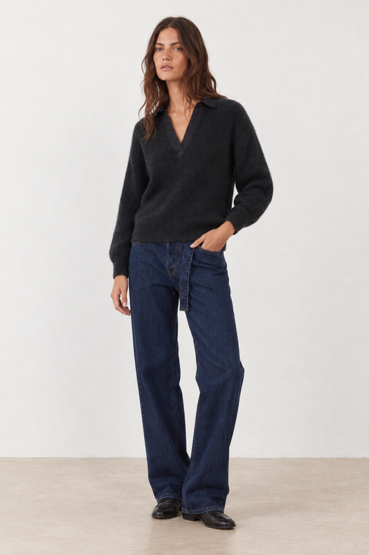 Pull en angora col chemise en V Jordana - Noir
