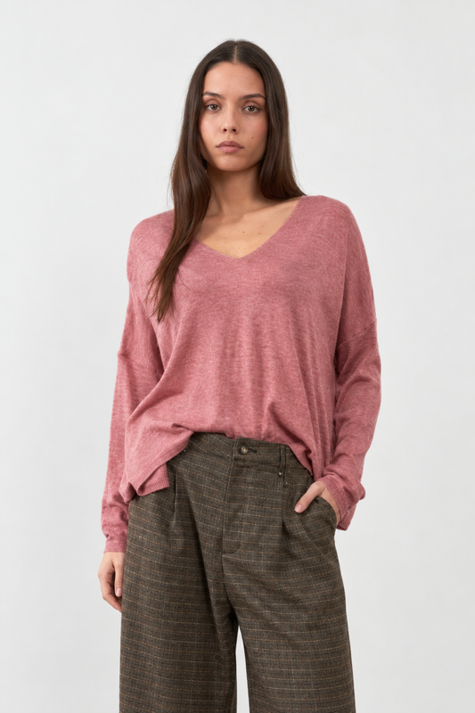 Pull mérinos col V Leila - Rose