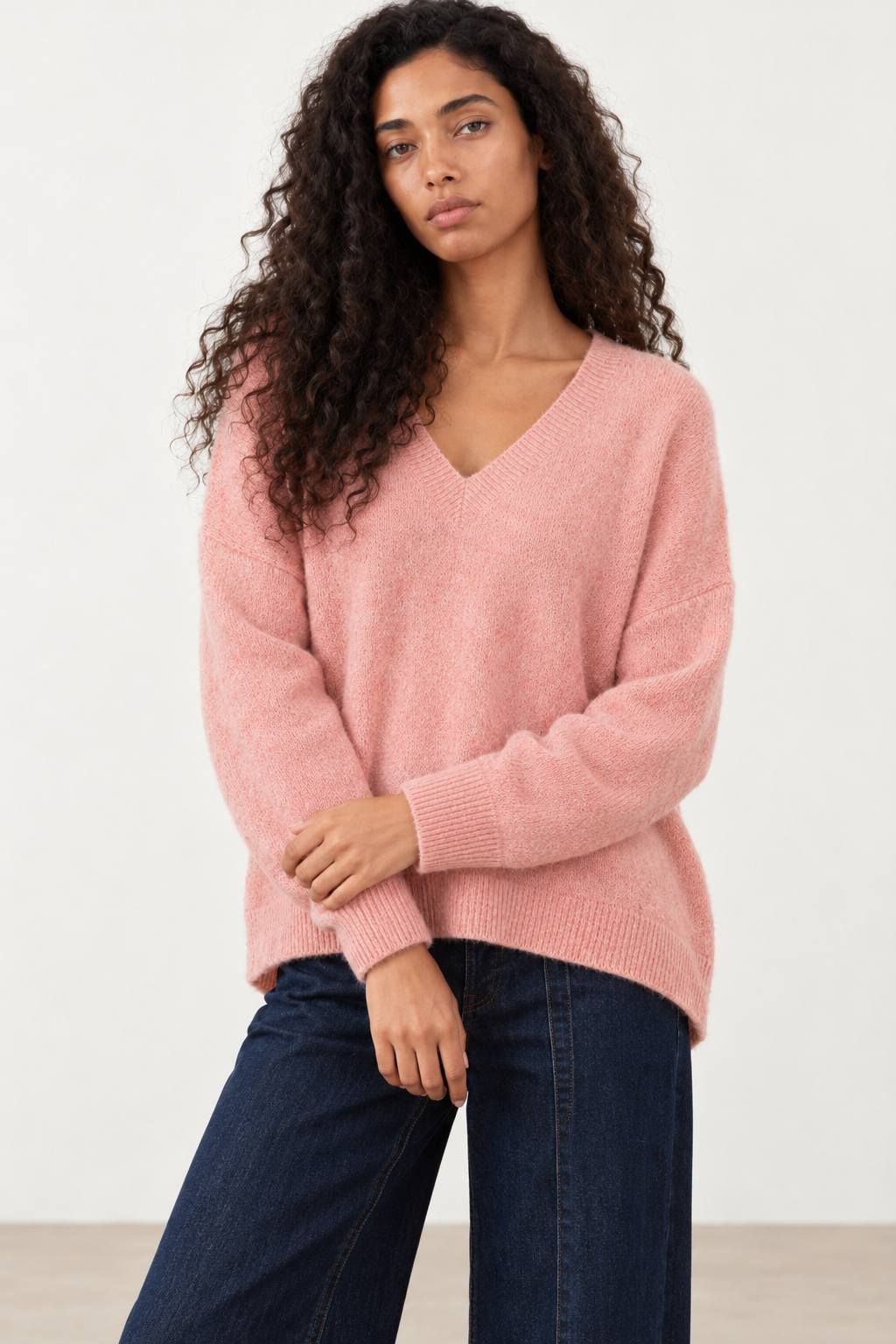 Pull col V Lam - Rose Poudré