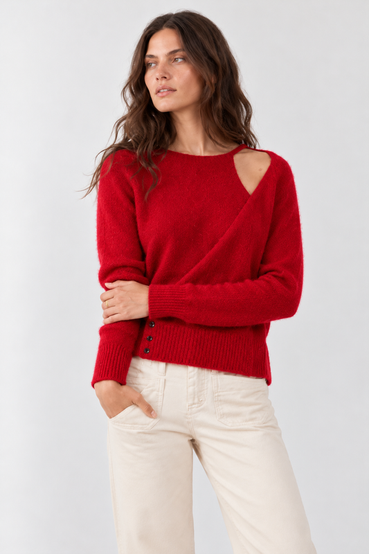 Pull asymétrique en racoon & laine Mathurin - Rouge rubis