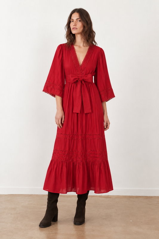 Robe bohème col V Wynonna - Rouge