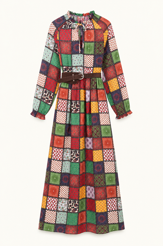 Robe longue patchwork avec sa ceinture Emmy - Eco Nomade