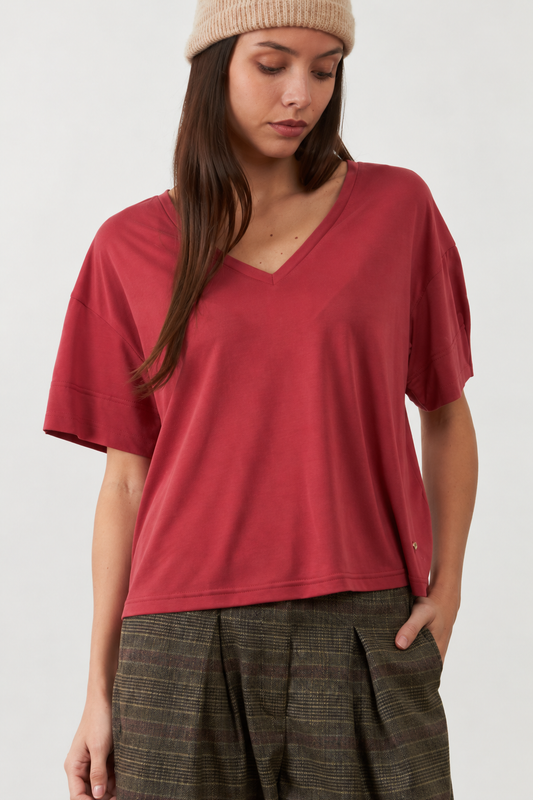 T-shirt col V Anya - Cerise