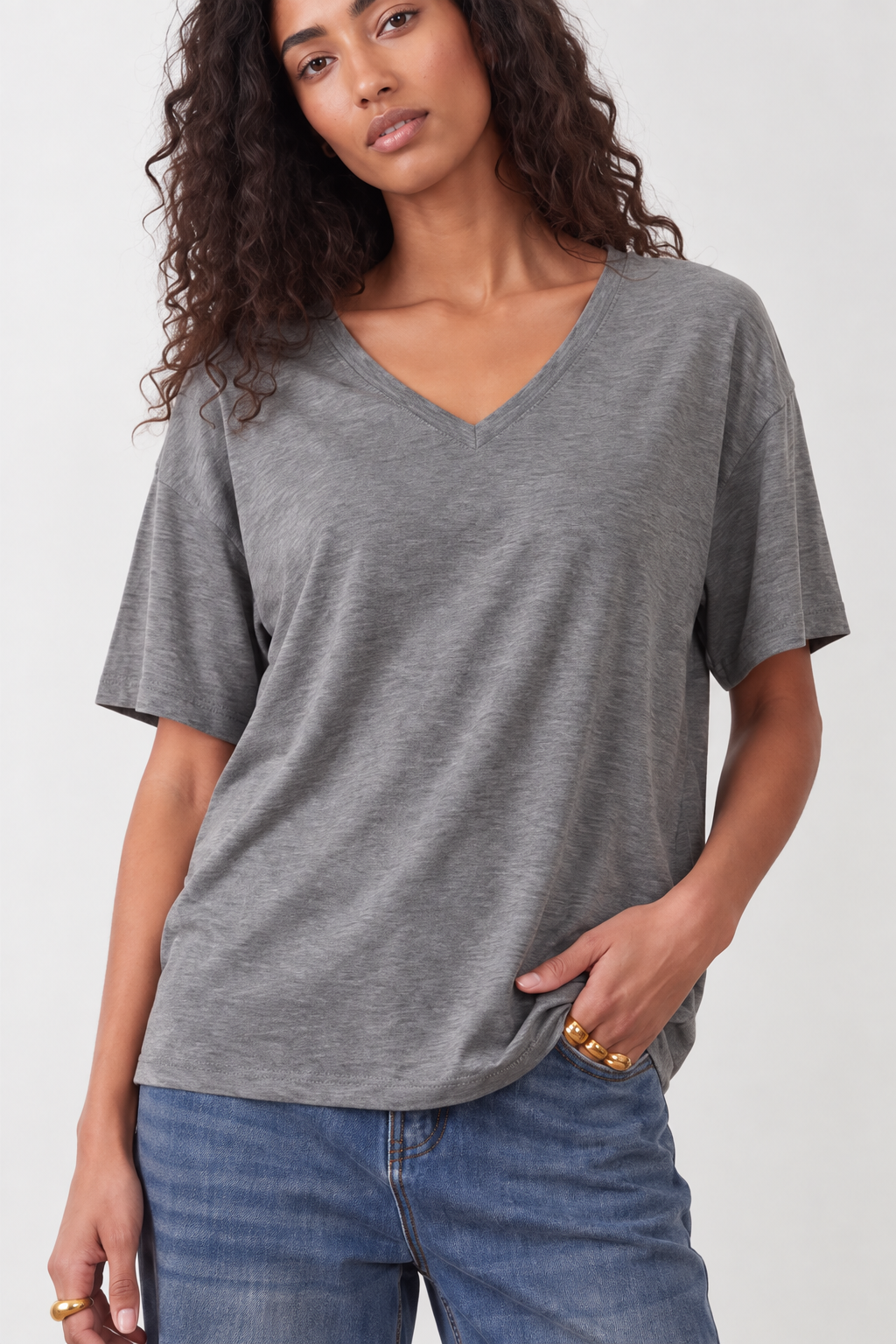 T-shirt col V Anya - Gris chiné