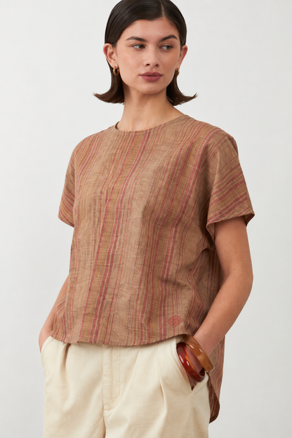 T-shirt col rond Betty - Rayures beige