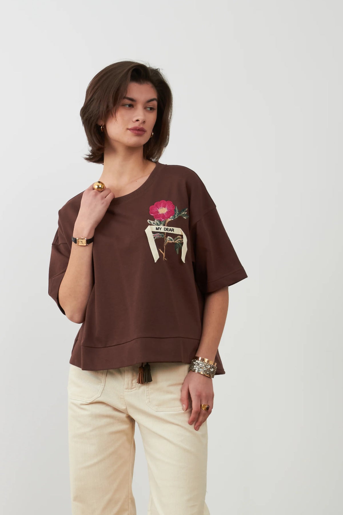 T-shirt broderie florale Sohanne - Chocolat