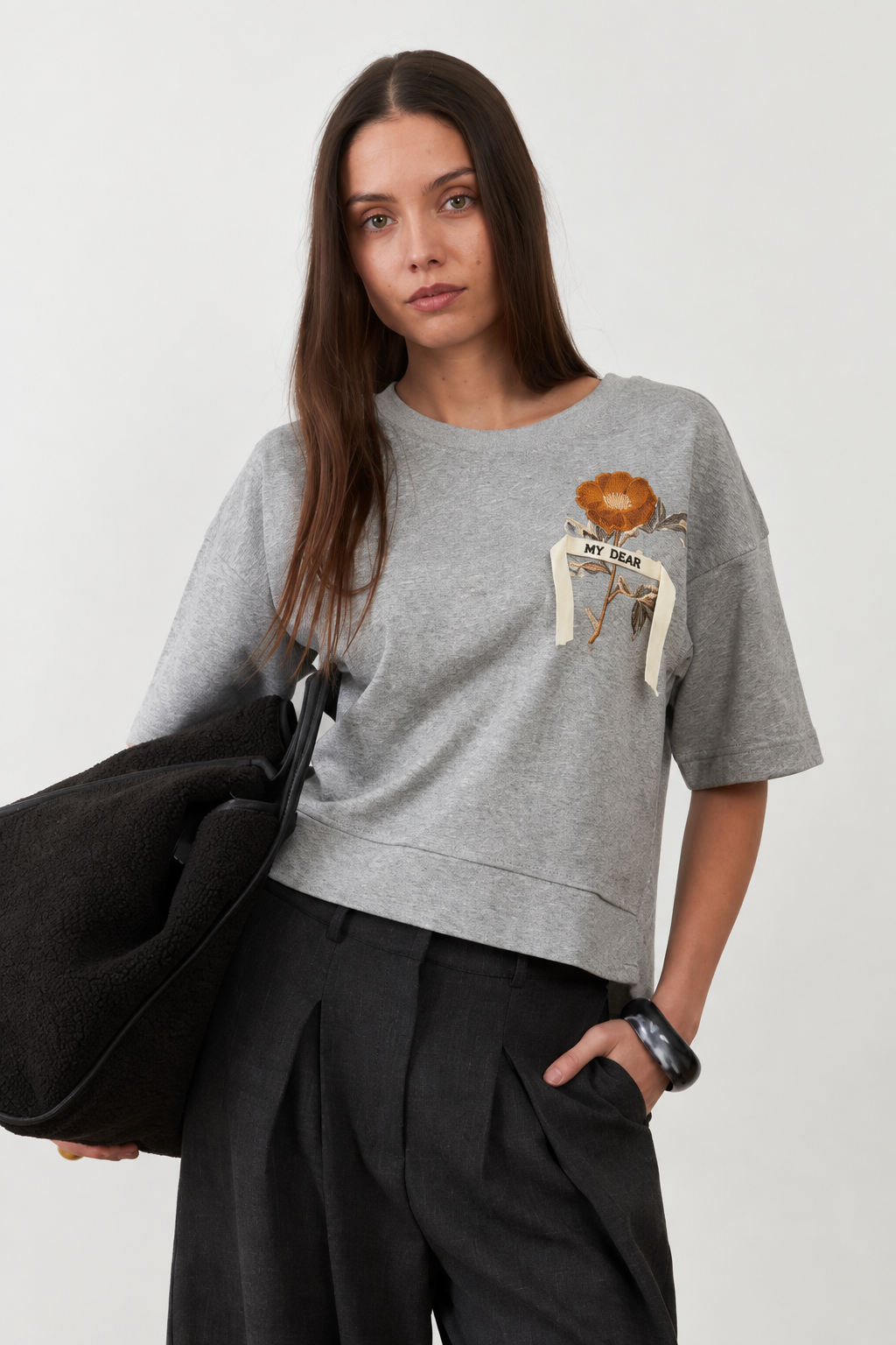 T-shirt broderie florale Sohanne - Gris chiné