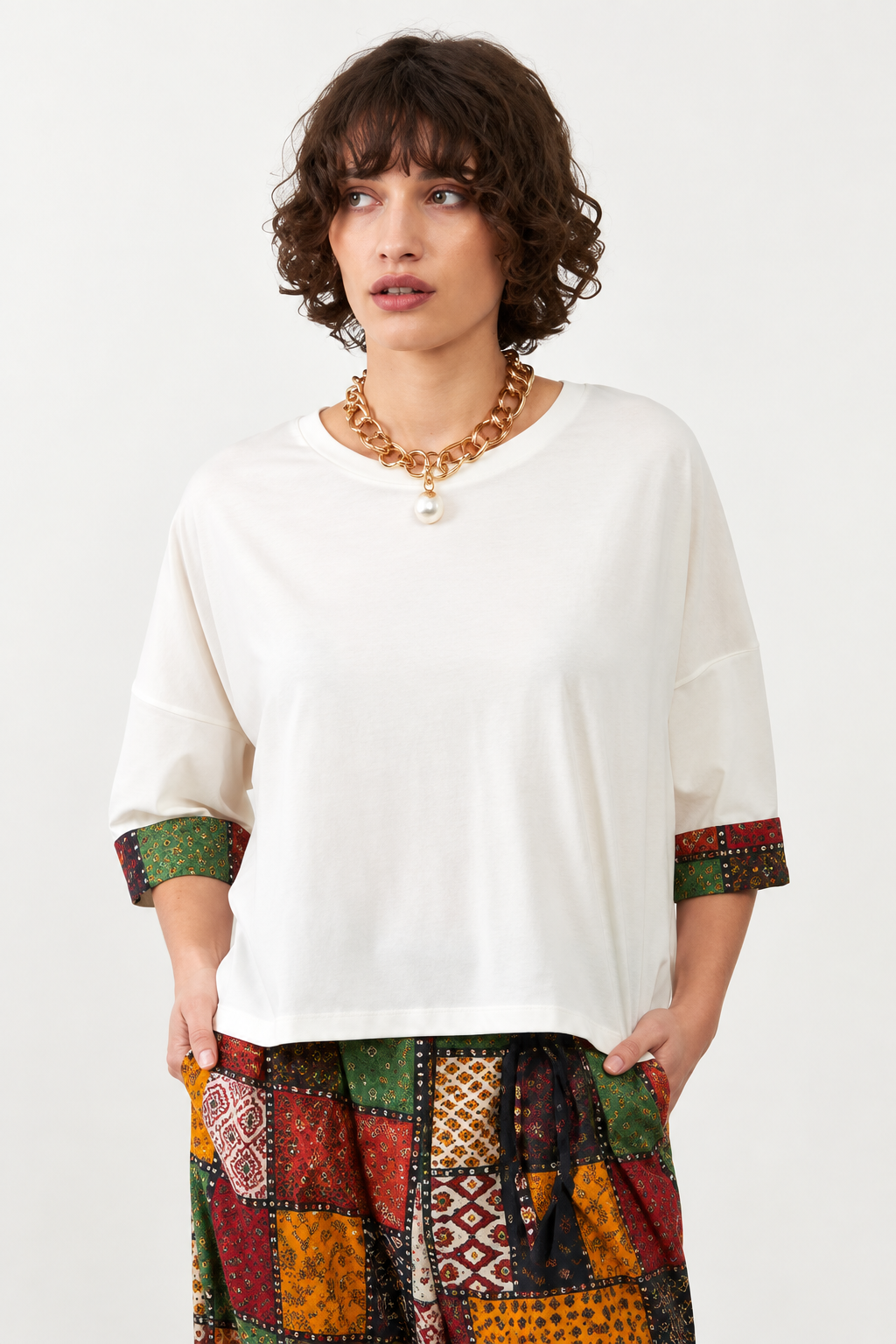 T-shirt manches mi-longues à revers imprimé patchwork Opaline - Ivoire