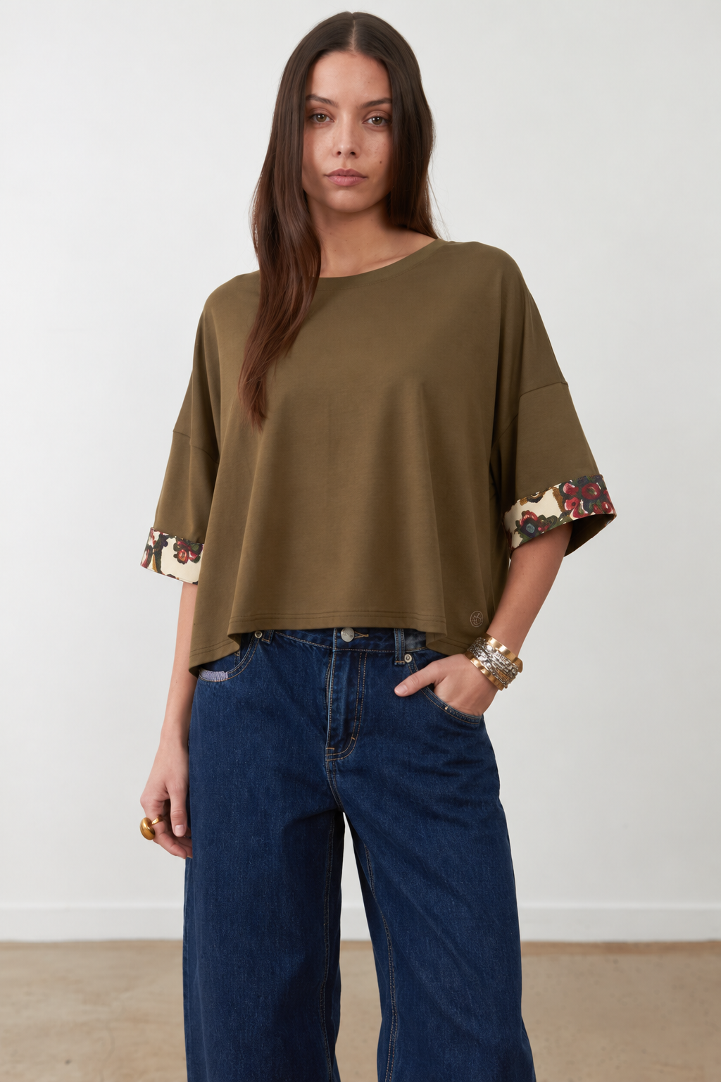 T-shirt manches mi-longues à revers imprimé Opaline - Kaki